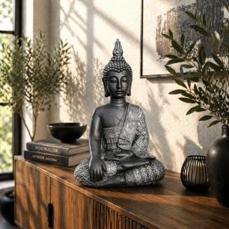 Sitzender Thai Buddha aus Kunststein, schwarz-silber | Edle Gartendeko für Meditation und Wellness | 29x18x45 cm Sitzender Thai Buddha aus Kunststein, schwarz-silber | Edle Gartendeko für Meditation und Wellness | 29x18x45 cm