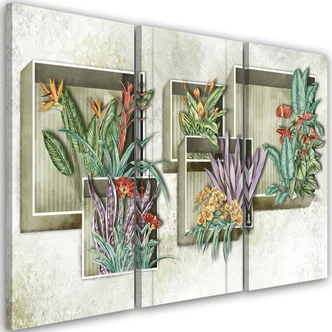 Leinwandbild 3 teilig, Quadratkisten Regale mit Blumen 