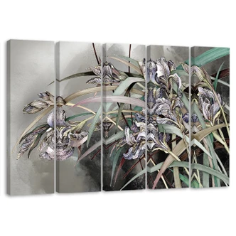 Leinwandbild 5 teilig, Iris Blumen im Wind 