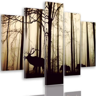 Leinwandbild 5 teilig, Hirsche Wald Tier Natur 