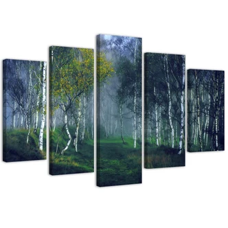 Wandbild 5-teilig, Birkenwald im Nebel Landschaft 
