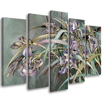 Leinwandbild 5 teilig, Iris Blumen im Wind 