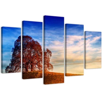 Leinwandbild 5 teilig, Landschaft Baum Berge 