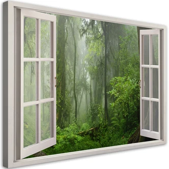 Leinwandbild, Fensterblick Wald im Nebel Dschungel 