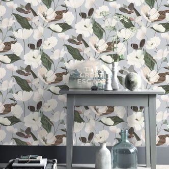 Carta da parati in tessuto non tessuto, carta da parati a motivi floreali Secret Garden grigio 