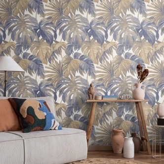 Non-woven tapet tropiske blade i blå beige med monstera ser moderne elegant ud Non-woven tapet tropiske blade i blå beige med monstera ser moderne elegant ud