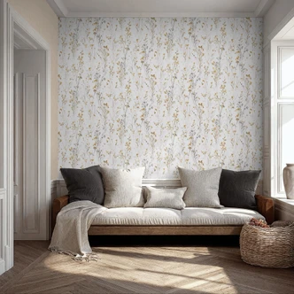 Ikke-vævet tapet med sarte engblomster i gul og hvid som blomstret naturtapet Ikke-vævet tapet med sarte engblomster i gul og hvid som blomstret naturtapet