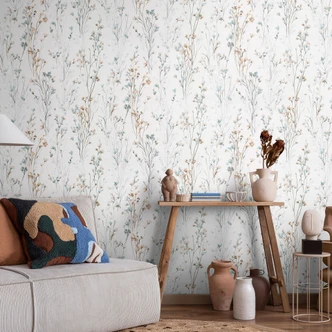 Ikke-vævet tapet med sarte engblomster i mint-abrikos som blomstret naturtapet Ikke-vævet tapet med sarte engblomster i mint-abrikos som blomstret naturtapet