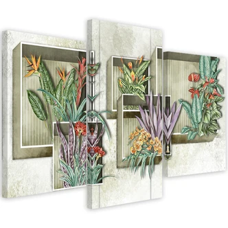 Leinwandbild 3 teilig, Quadratkisten Regale mit Blumen 