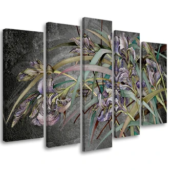 Leinwandbild 5 teilig, Iris Blumen im Wind 