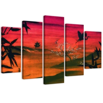 Leinwandbild 5 teilig, Japanische rote Landschaft 