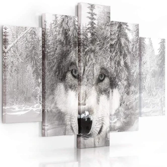 Wandbild 5-teilig, Wolf Wald Tier Grau 