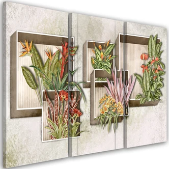 Leinwandbild 3 teilig, Quadratkisten Regale mit Blumen 