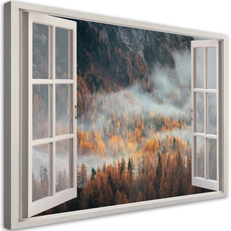 Canvasbillede, Vinduesudsigt skov i tåge Bjerge 