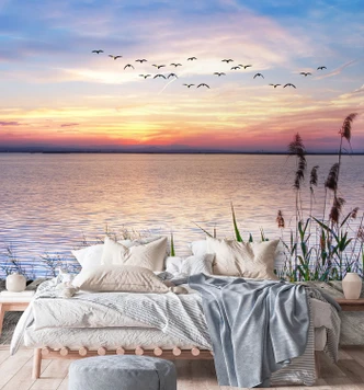 Fototapete, Rosa Himmel Steg Wasser 