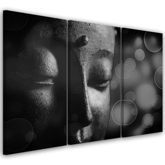 Leinwandbild 3-teilig, Buddha Statue Schwarz und Weiß 