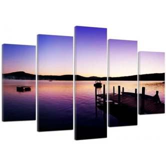 Leinwandbild 5 teilig, Brücke Sonnenuntergang Violett 