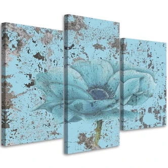 Leinwandbild 3-teilig, Vintage Blume Blau 