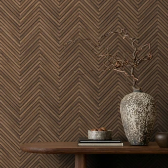 Papier peint intissé avec motif à chevrons et aspect bois marron aspect bois 