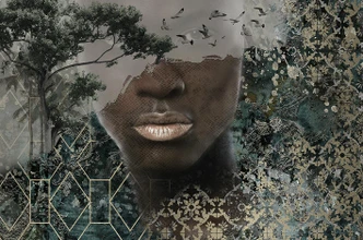 Fototapete Motivtapete Surreales Gesicht im Regen mit Wald- und Vogel-Silhouette 2,70 x 4,08m 