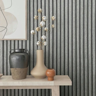 Vliestapete mit Akustikpaneele Optik und leichter Holzmaserung im Skandi Stil grau Streifen Vliestapete mit Akustikpaneele Optik und leichter Holzmaserung im Skandi Stil grau Streifen