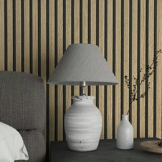 Vliestapete mit Akustikpaneele Optik und leichter Holzmaserung im Skandi Stil braun Streifen Vliestapete mit Akustikpaneele Optik und leichter Holzmaserung im Skandi Stil braun Streifen