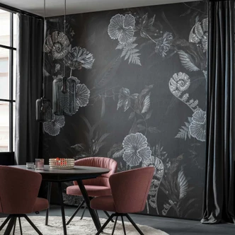 Fototapet blommor, blad blommig natur, modern i svart 