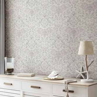 Papel pintado no tejido con flores, hojas ornamentales florales gris brillante 