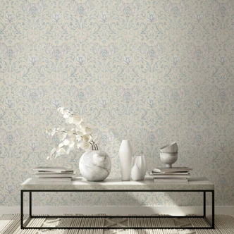 Papel pintado no tejido con flores, hojas ornamentales beige brillante floral 