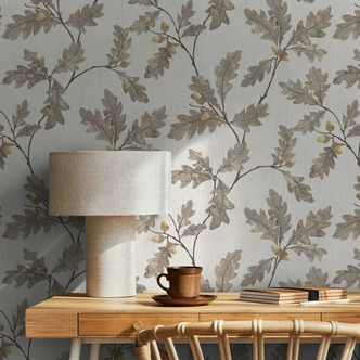 Papel pintado no tejido con motivo de hojas con castañas gris, marrón floral 