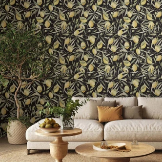 Ikke-vævet tapet citroner, blade blomstret natur mat i sort  