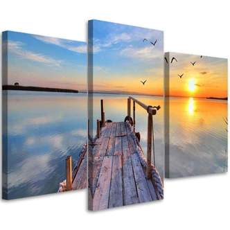 Leinwandbild 3-teilig, Sonnenuntergang Brücke See 