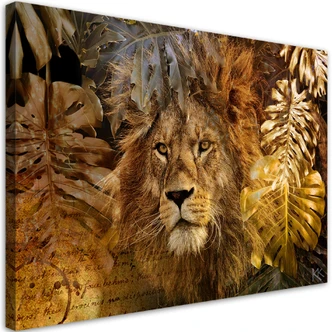Leinwandbild, Löwe und Monstera Goldene Blätter 