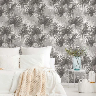 Fototapete Palmen Blätter Dschungel - Grau Weiß Vliestapete Wohnzimmer 
