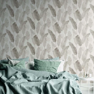 Papier peint salon Feuilles Beige Blanc Papier peint intissé Jungle Palmiers  