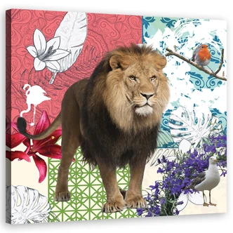 Canvasbillede, Løve og fugle-collage 