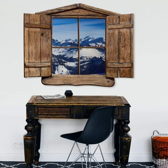 3D Wandtattoo Holzfenster - Alpenpanorama 