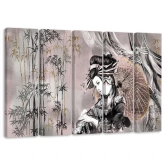 Leinwandbild 5 teilig, Geisha und Bambus 