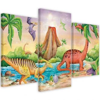 Leinwandbild 3 teilig, Dinosaurier am See 