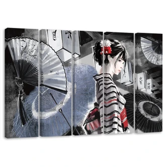 Leinwandbild 5 teilig, Geisha mit einem Fan 