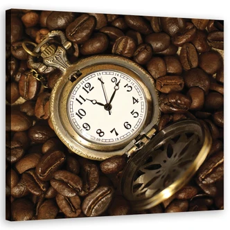 Leinwandbild, Kaffeebohnen und Uhr 