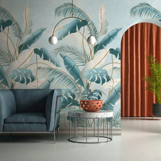Fototapete Blumen, Blätter Floral Vliestapete Natur, Dschungel matt in Blau 2,70 x 1,59 m 