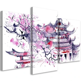 Leinwandbild 3-teilig, Pagode Kirschbaum Japan Gemalt 
