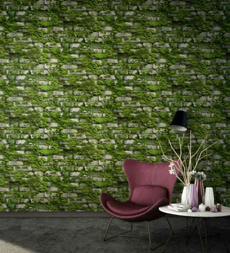 Vliesbehang in realistische steenlook met mosgroen, grijs steeneffect 