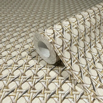 non-woven wallpaper in wood look and woven look beige wood look 