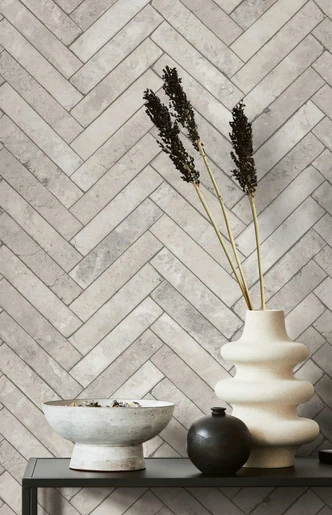 vliesbehang met visgraatmotief grijs steeneffect 