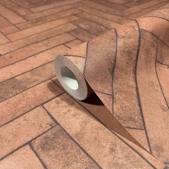 vliesbehang met visgraatmotief rood, bruin steeneffect 