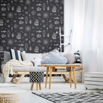 Kindertapete, Vliestapete mit Illustration Kids Walls schwarz, weiß 