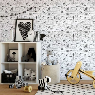 Kindertapete, Vliestapete mit Illustration Kids Walls weiß, grau  