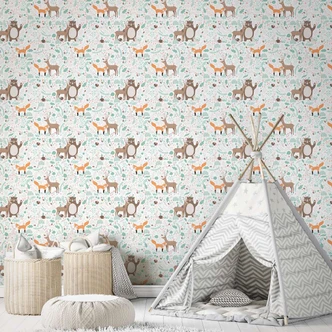 Kindertapete, Vliestapete mit Illustration Kids Walls weiß, grün, braun 
